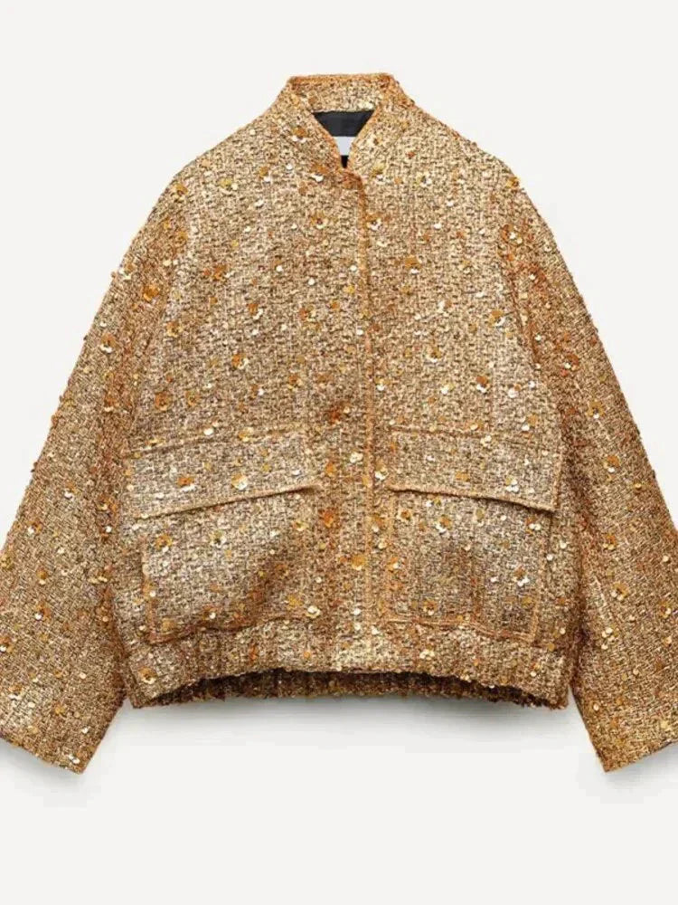 Blouson Bomber Doré à Paillettes Oversize pour Femme