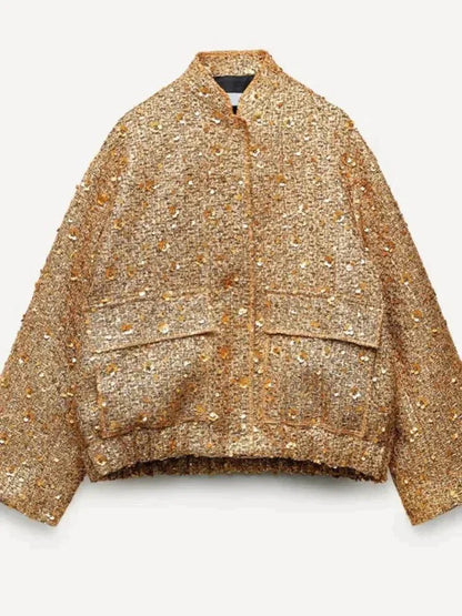 Blouson Bomber Doré à Paillettes Oversize pour Femme