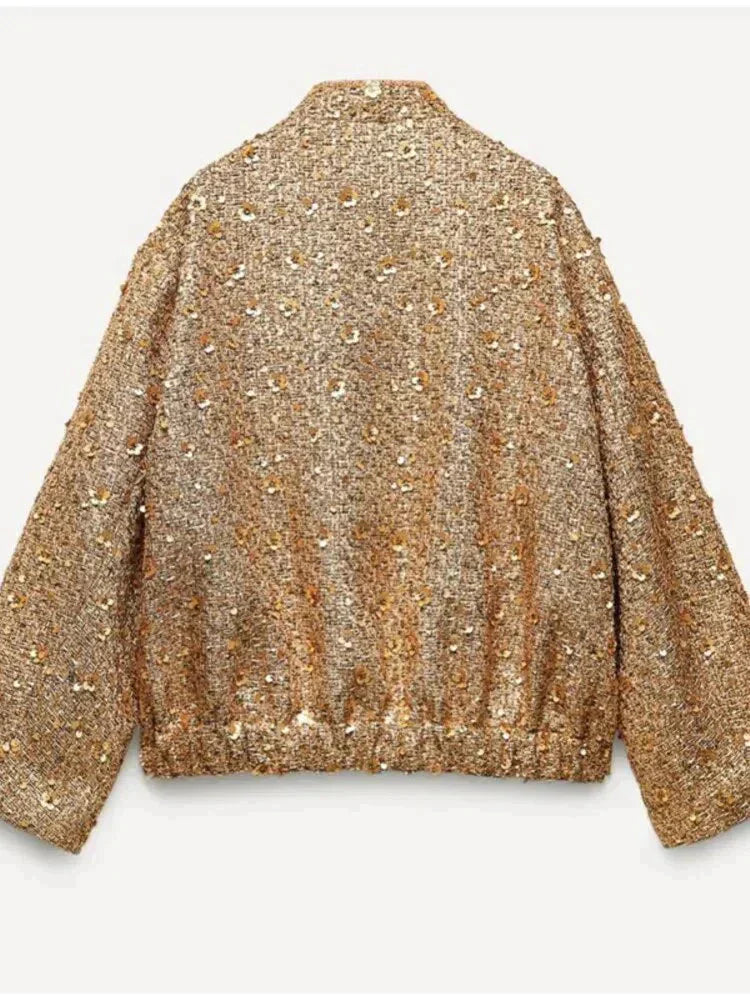 Blouson Bomber Doré à Paillettes Oversize pour Femme