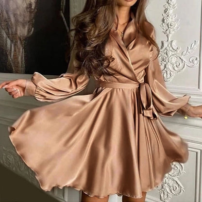 Robe Femme Chic Col V Manches Longues Bouffantes