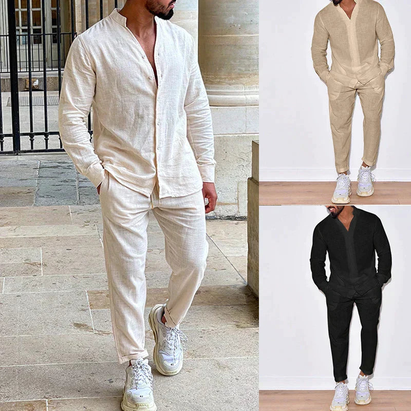 Ensemble chemise à col en V et pantalon uni hommes