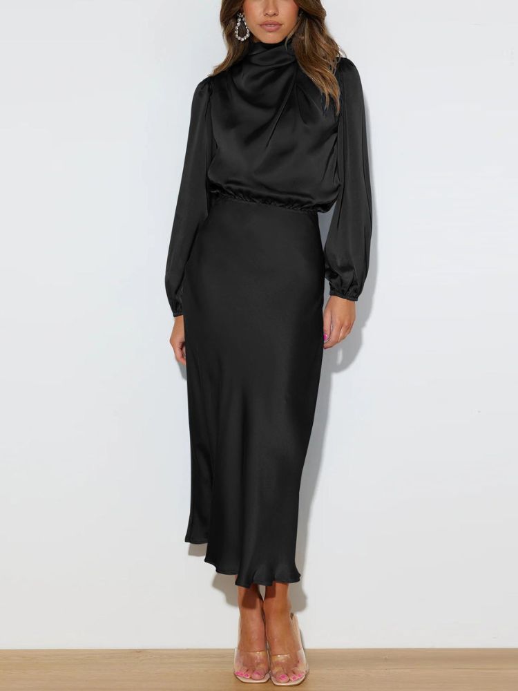 Robe Midi Satinée Luxe Manches Longues Femmes