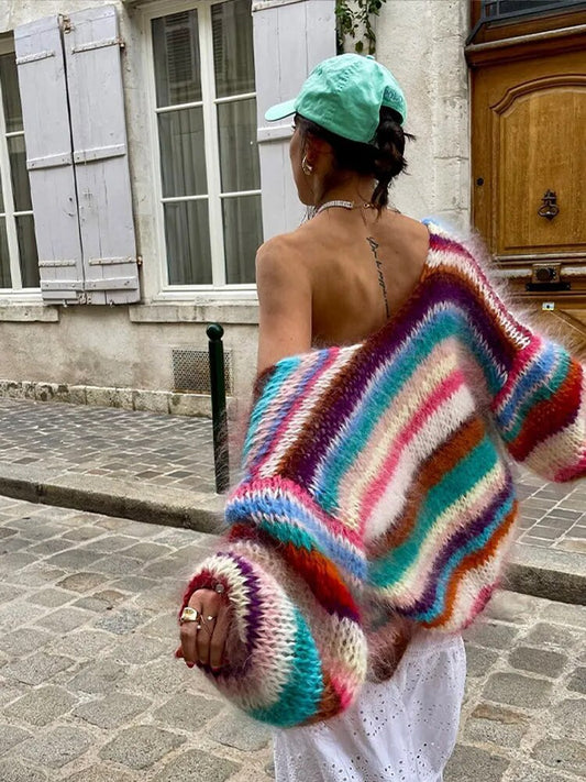 Cardigan Tricoté Multicolore Tendance pour Femmes