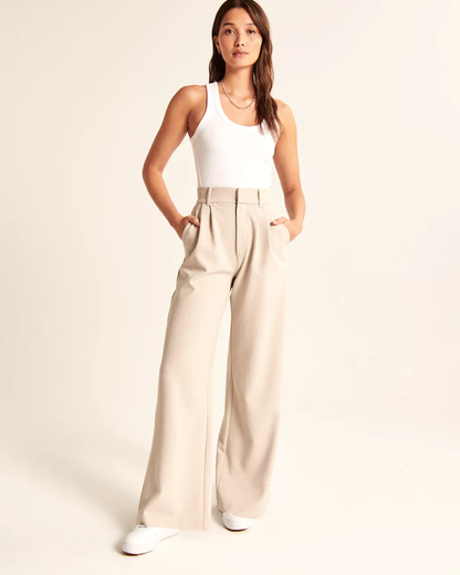 Pantalon tailleur évasé beige sophistiqué pour femmes