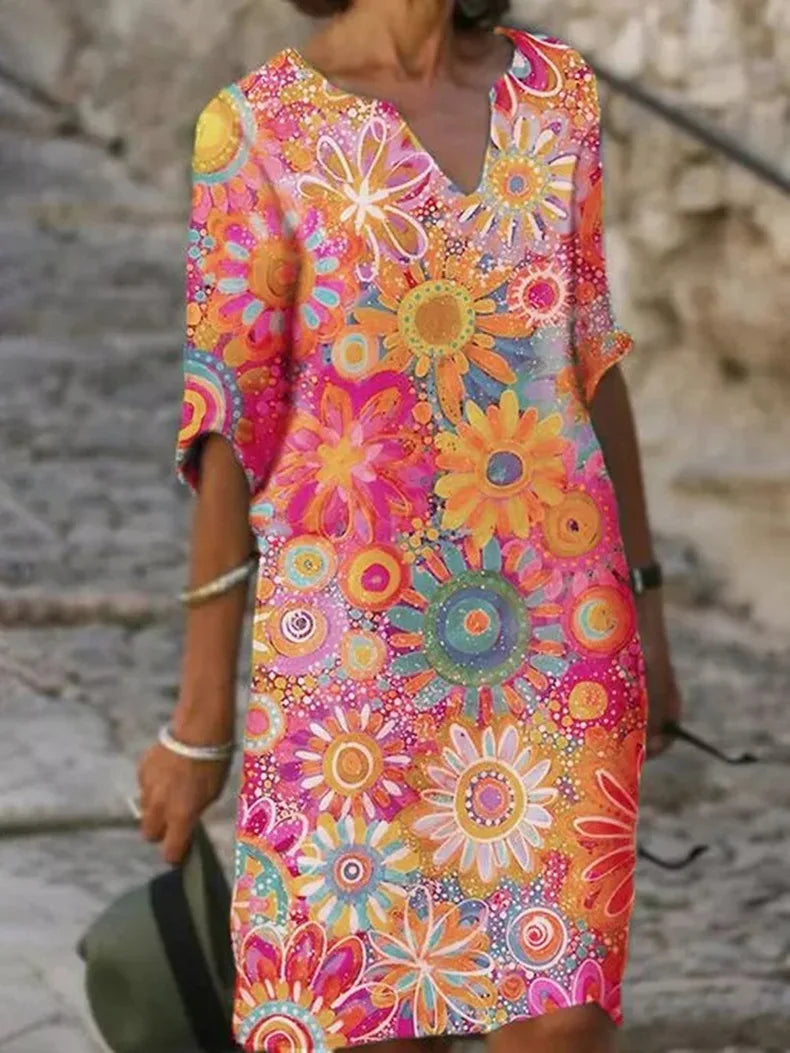 Robe Midi à Col V Florale Colorée pour Femmes