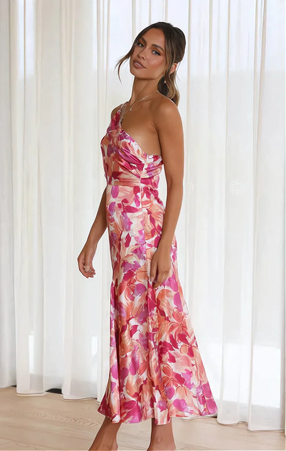 Robe Midi à Fleurs Roses à Une Épaule Femmes