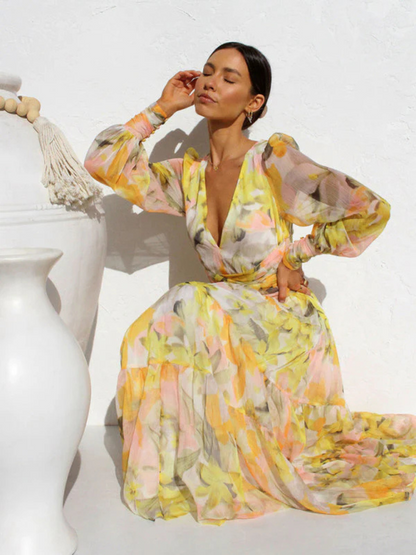 Robe Femme Gracieuse Col V En Chiffon Fleuri