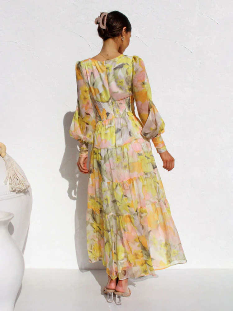 Robe Femme Gracieuse Col V En Chiffon Fleuri