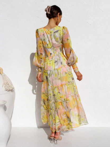 Robe Femme Gracieuse Col V En Chiffon Fleuri