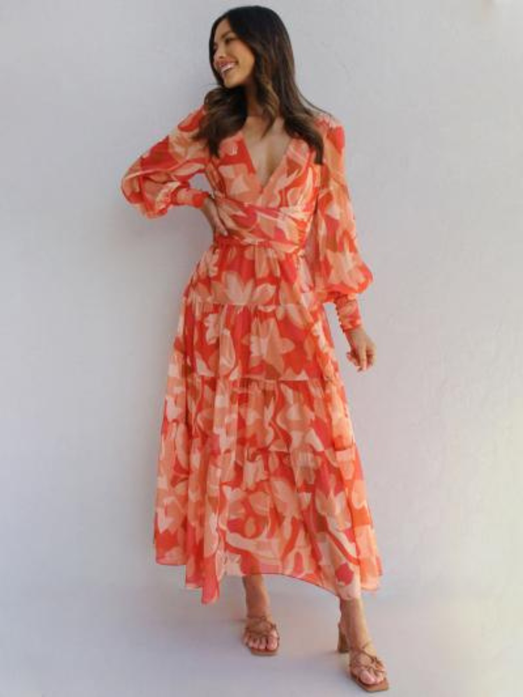 Robe Femme Gracieuse Col V En Chiffon Fleuri