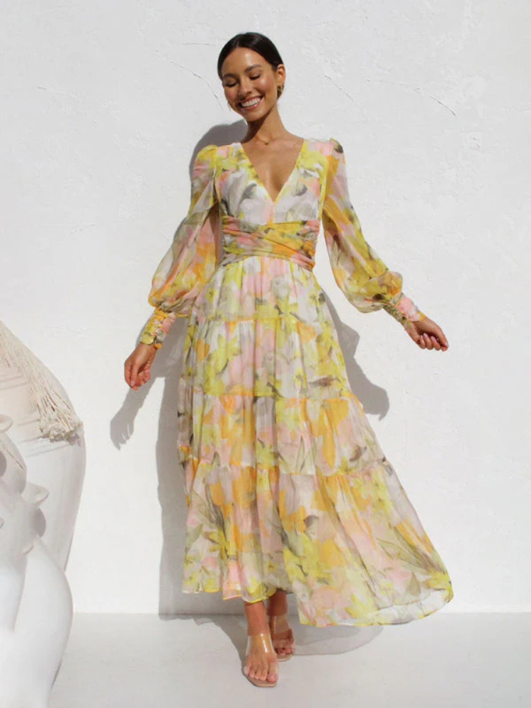 Robe Femme Gracieuse Col V En Chiffon Fleuri