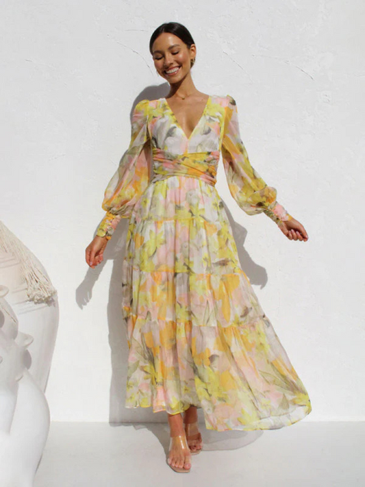 Robe Femme Gracieuse Col V En Chiffon Fleuri