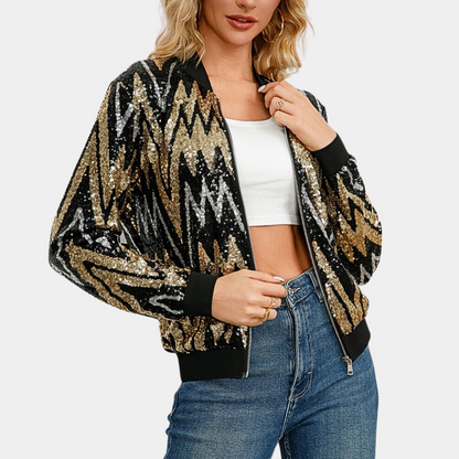 Veste Zippée à Design Aztec en Sequins Or pour Femmes