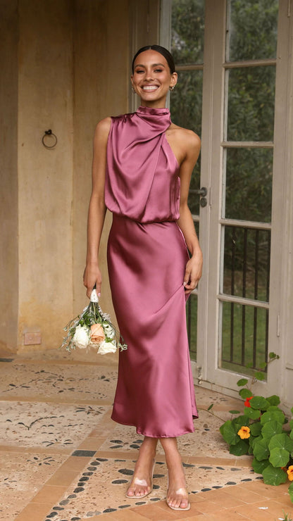 Robe Midi Sans Manches En Satin Luxe Femmes