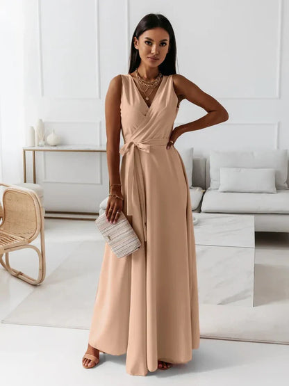 Robe Maxi Élégante à Col V avec Design Raffiné