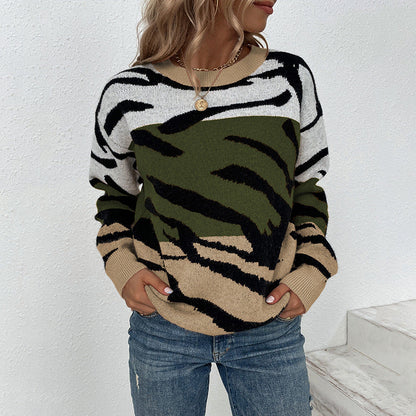 Pull Tricoté à Imprimé Tigre Tricolore pour Femme