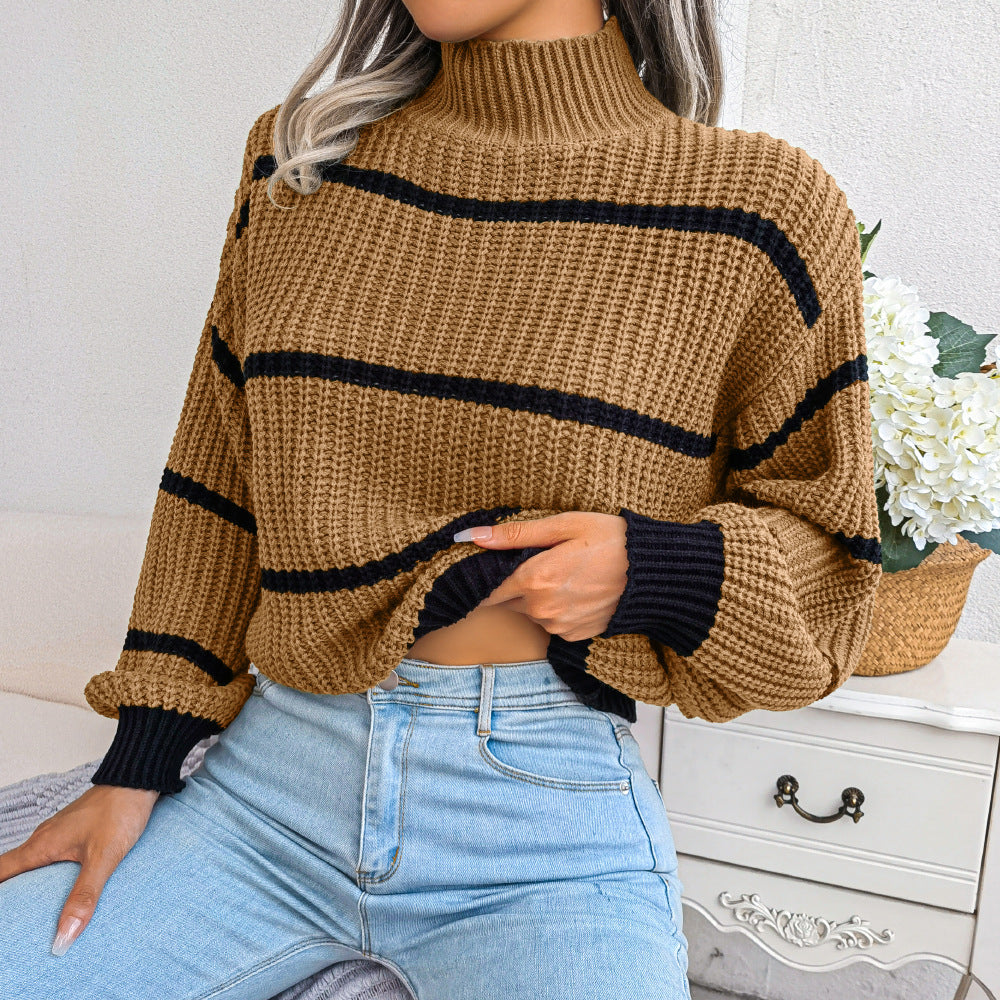 Pull à Col Montant Demi-Doux Rayé pour Femmes