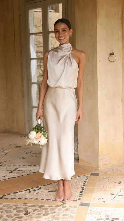 Robe Midi Sans Manches En Satin Luxe Femmes