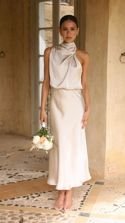 Robe Midi Sans Manches En Satin Luxe Femmes