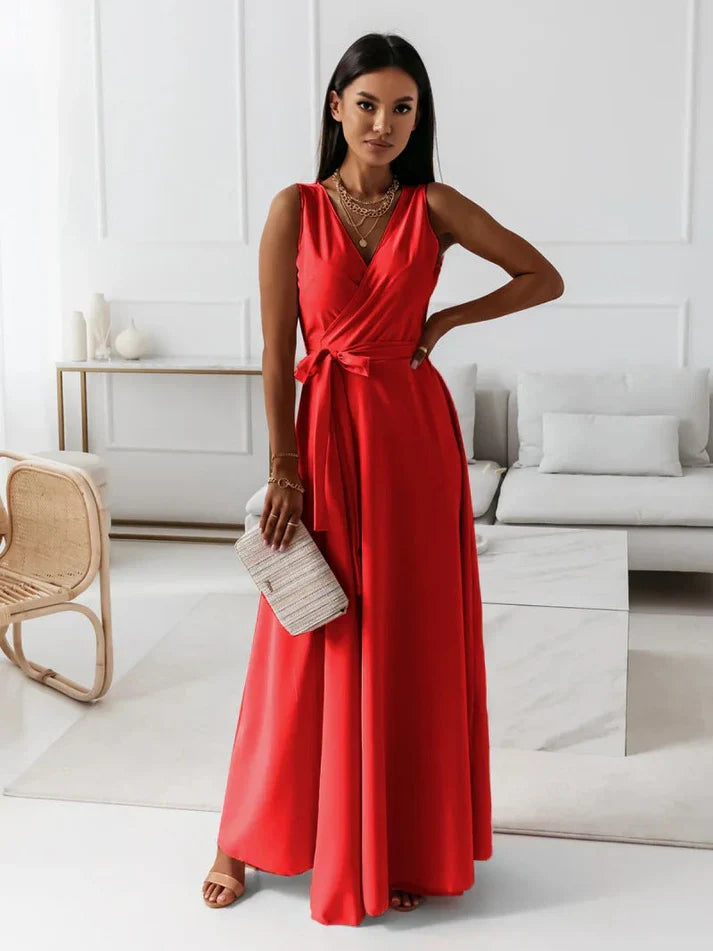 Robe Maxi Élégante à Col V avec Design Raffiné