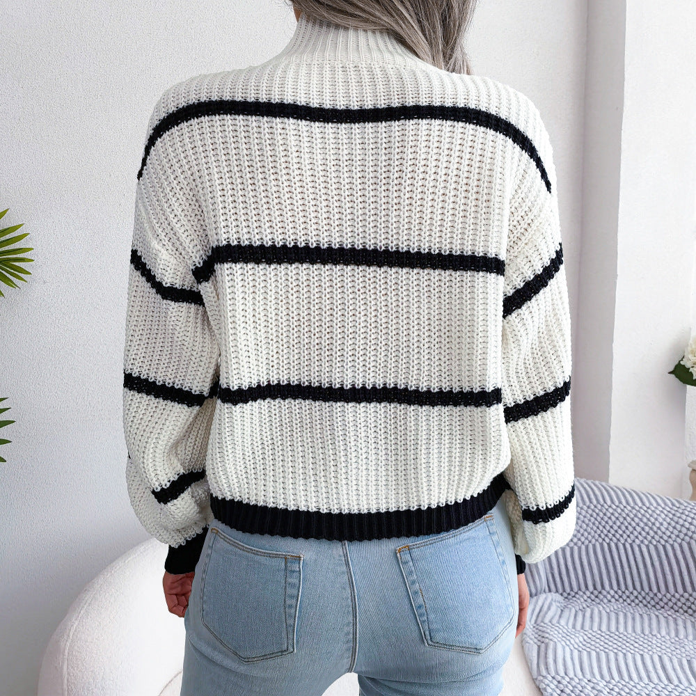 Pull à Col Montant Demi-Doux Rayé pour Femmes