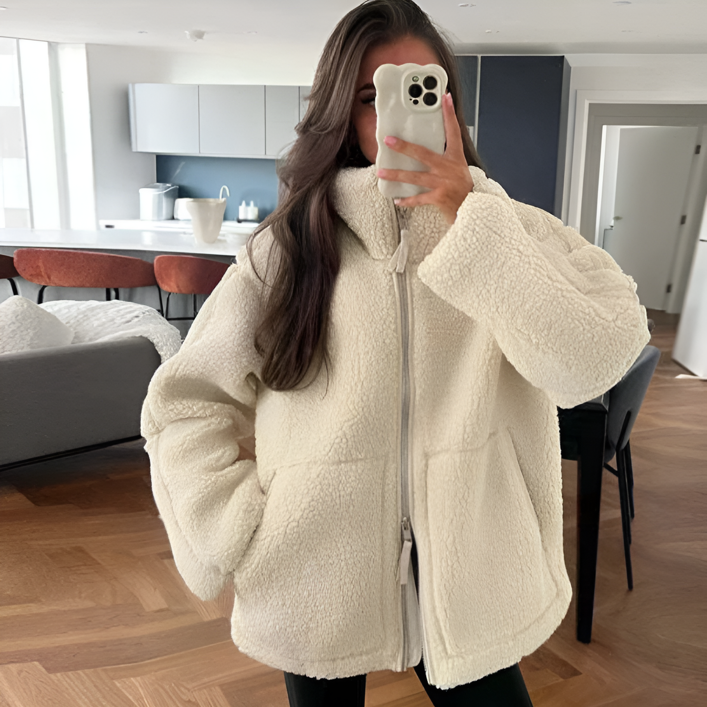 Veste Long en Laine d'Agneau avec Capuche pour Femmes