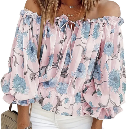 Blouse florale sans épaules avec manches bouffantes