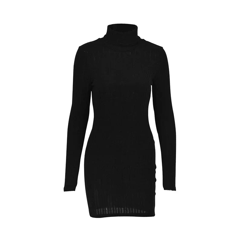 Robe Pull Côtelée À Col Roulé Manches Longues Mini Femme