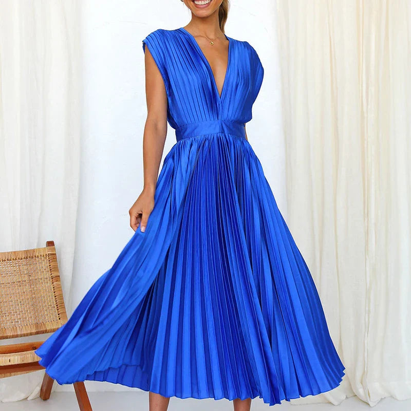 Robe Midi Plissée À Col V Chic Pour Femme