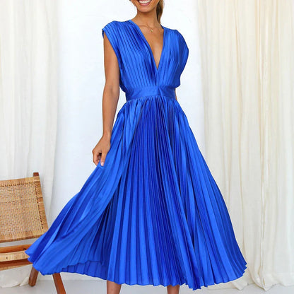 Robe Midi Plissée À Col V Chic Pour Femme