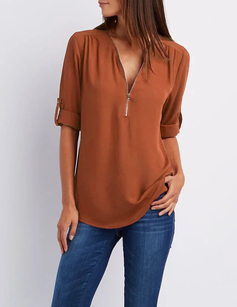 Blouse Chic En Chiffon Avec Fermeture Zippée Pour Femme