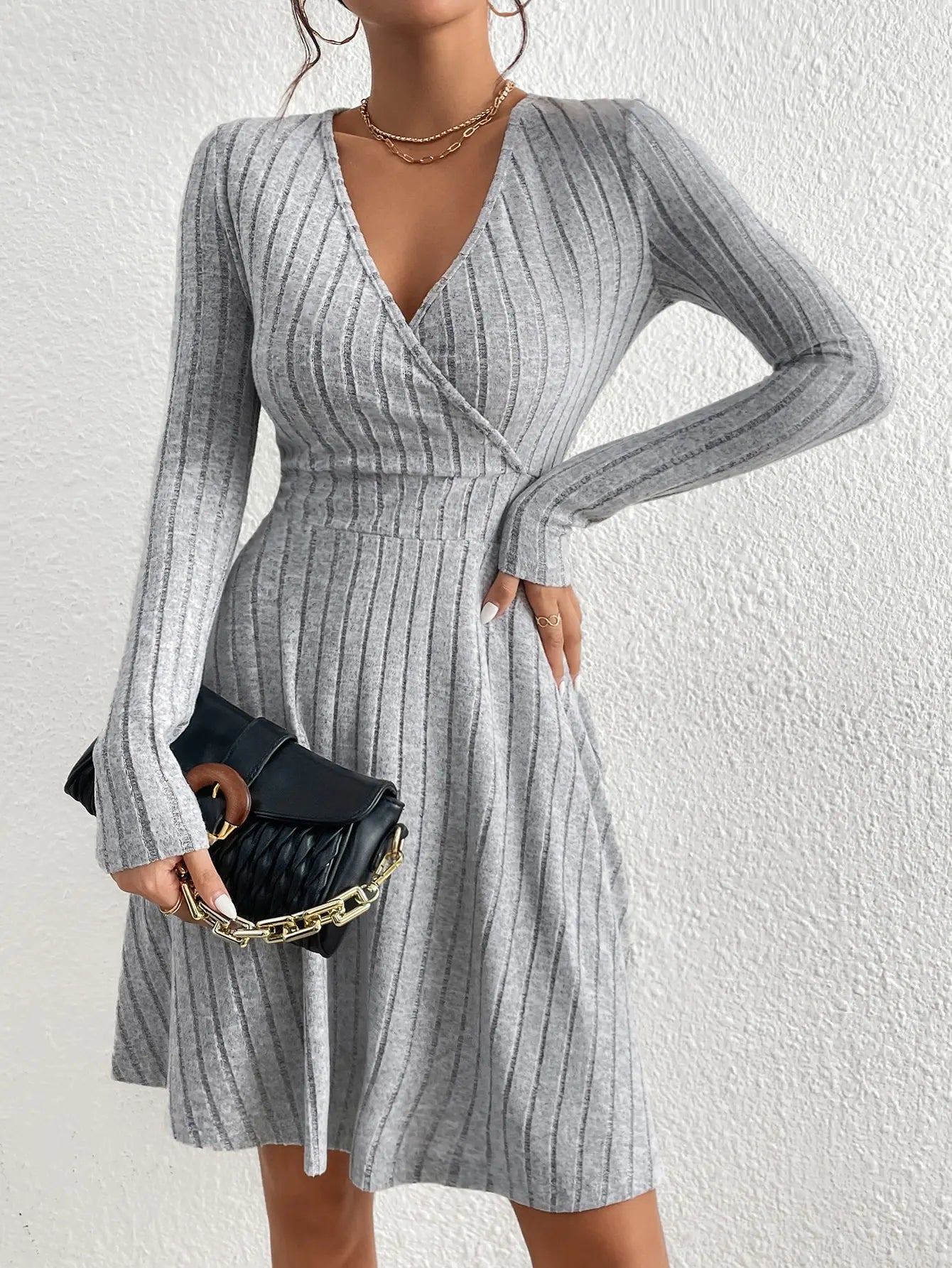 Robe Midi Tricotée Élégante Manches Longues pour Femme