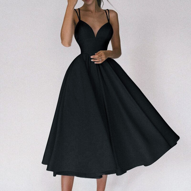 Robe Midi Évasée Sans Manches À Col V Sophistiquée Femme
