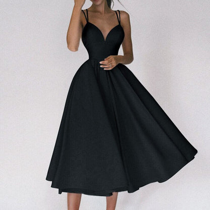 Robe Midi Évasée Sans Manches À Col V Sophistiquée Femme