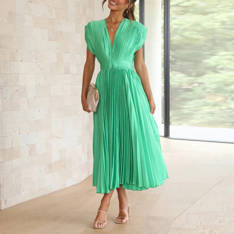 Robe Midi Plissée À Col V Chic Pour Femme