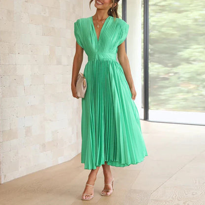 Robe Midi Plissée À Col V Chic Pour Femme