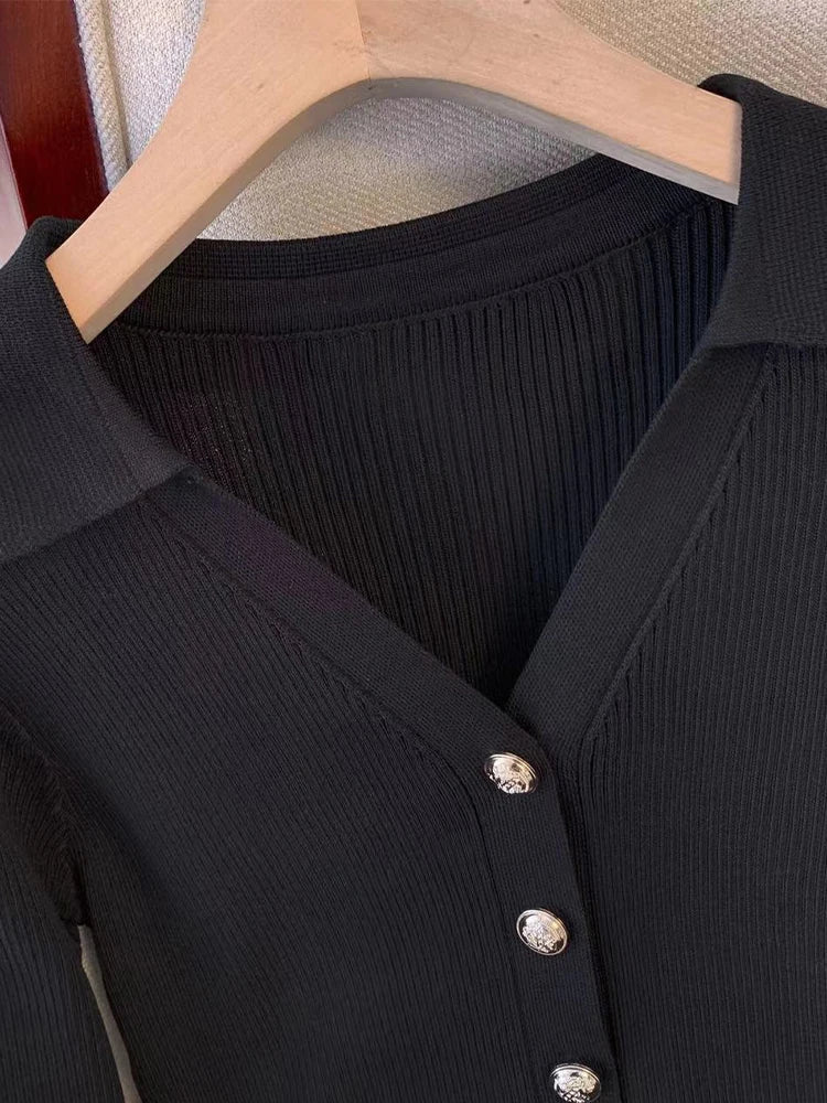 Robe En Maille Boutonnée À Manches Longues Chic Femme