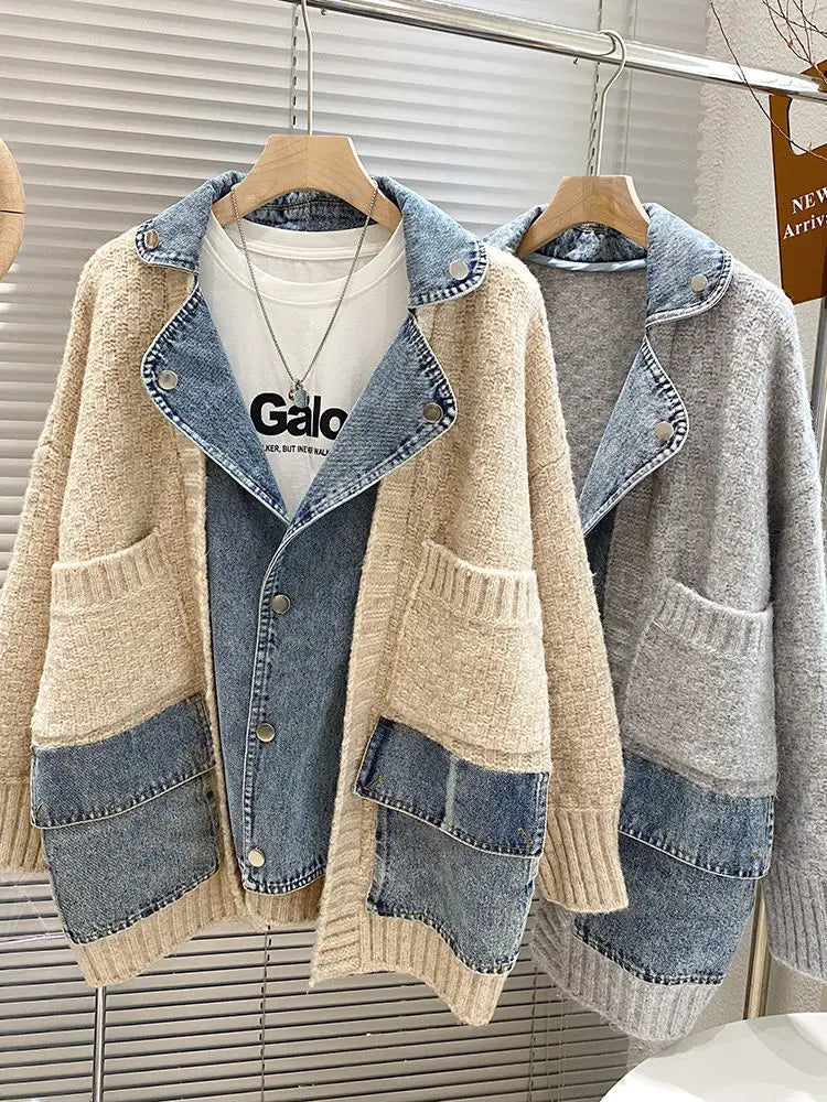 Femme Veste combinée en laine et denim avec poches