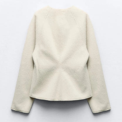 Veste Femme Beige Col V Double Boutonnée