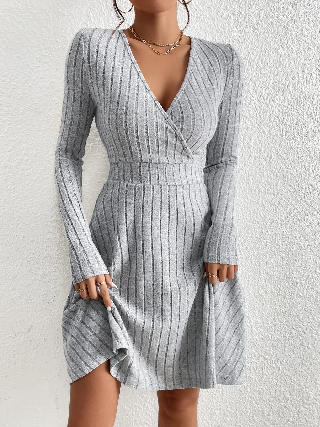 Robe Midi Tricotée Élégante Manches Longues pour Femme
