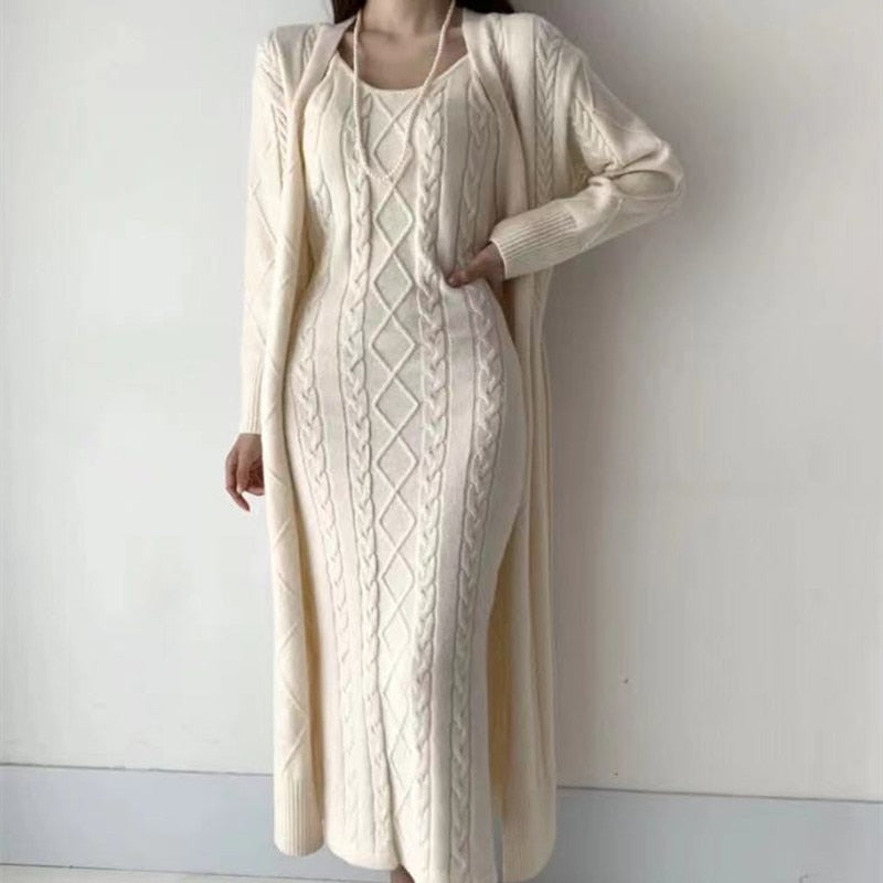 Ensemble élégant robe longue et cardigan en tricot femme