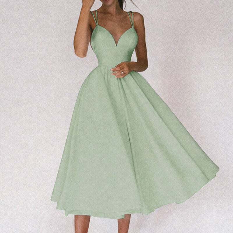 Robe Midi Évasée Sans Manches À Col V Sophistiquée Femme