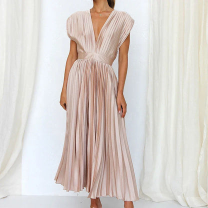 Robe Midi Plissée À Col V Chic Pour Femme