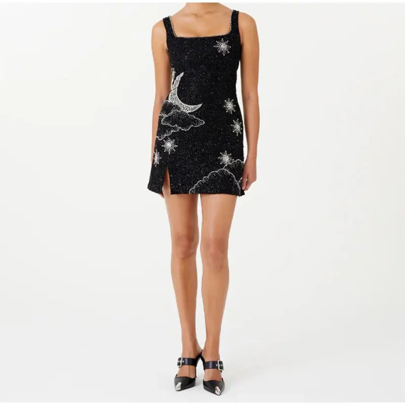 Mini Robe Noire à Sequins et Bretelles pour Femmes