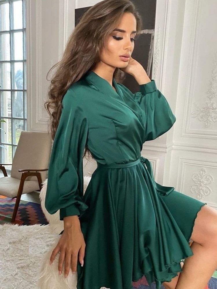 Robe Femme Chic Col V Manches Longues Bouffantes