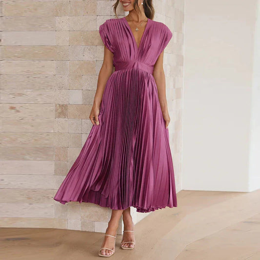 Robe Midi Plissée À Col V Chic Pour Femme