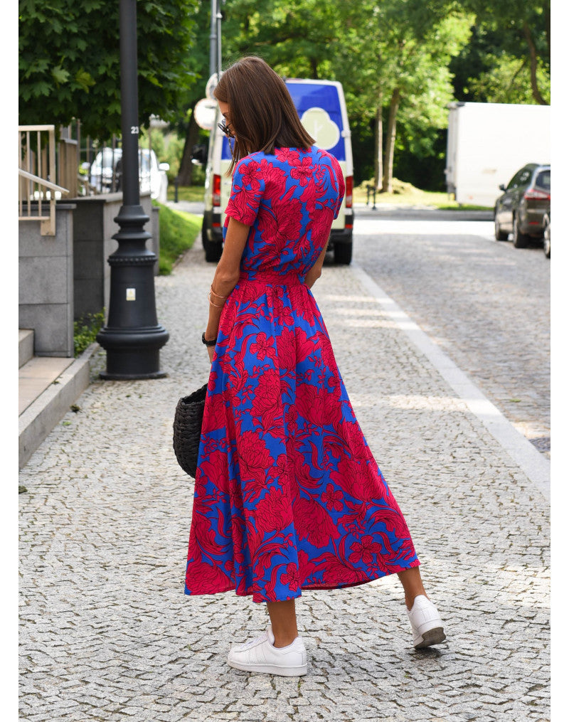 Robe Longue Ceinturée à Col V et Motif Floral Femmes