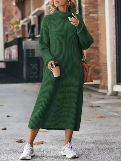 Robe Pull en Maille à Col Roulé Mi Longue pour Femme