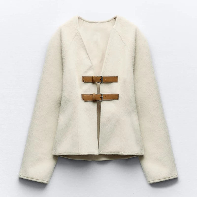 Veste Femme Beige Col V Double Boutonnée