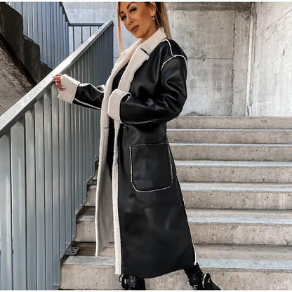 Veste Longue en Cuir avec Fourrure pour Femme